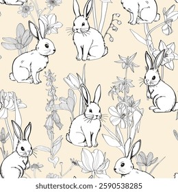 Seamless vector pattern with cute, rabbits on floral background. Perfect for textile, wallpaper or print design.