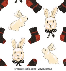 Seamless vector pattern with cute rabbits and socks in retro style. Hand drawn illustration. 