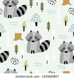 Seamless vector pattern with cute raccoon and other elements. Scandinavian style.