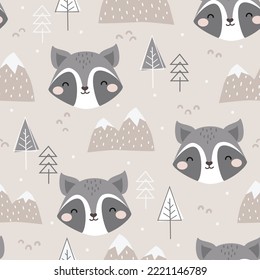 Seamless Vector Pattern with Cute Raccoon, forest elements and snowy mountains. Childish Cartoon Animals Background. design for fabric, wrapping, textile, wallpaper and more