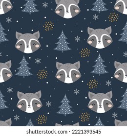 Seamless Vector Pattern with Cute Raccoon, forest elements and hand drawn shapes. Childish Cartoon Animals Background. design for fabric, wrapping, textile, wallpaper, apparel and more