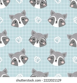 Seamless Vector Pattern with Cute Raccoon. Childish Forest Cartoon Animals Background. design for fabric, wrapping, textile, wallpaper, apparel and more