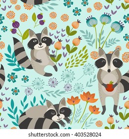 Seamless vector pattern with cute raccoons and spring flowers