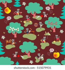 Seamless vector pattern with cute raccoons in woodland.