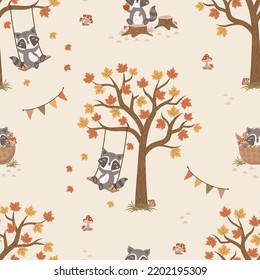 Seamless Vector Pattern with Cute Racoon. Woodland Cartoon Animals Background. design for background, wallpaper, wrapping, fabric, and all your creative project.