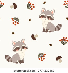 Seamless vector pattern with cute racoon, mushrooms and leaves. Forest animal pattern for kids and baby. Perfect for textile, wallpaper or print design and kids decor