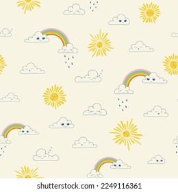 Seamless vector pattern with cute rainbow, kawaii cloud and sun