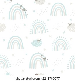 Seamless vector pattern. Cute rainbows and clouds and stars. Pattern for children's products in gentle colors 