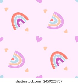 Patrón de Vector sin costuras con lindos arcos iris y corazones. Textura de moda del bebé para la ropa de Fondo de pantalla textil de la tela que envuelve