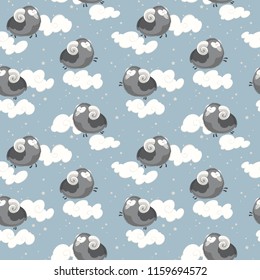Seamless vector pattern with a cute ram sheeps, clouds and stars on a blue background
