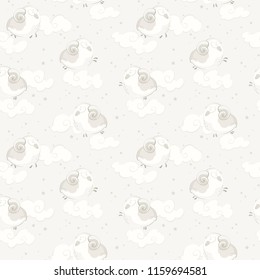 Seamless vector pattern with a cute ram sheeps, clouds and stars on a beige background