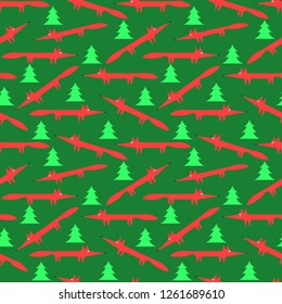 Seamless vector pattern of cute red foxes and fir trees on a green background