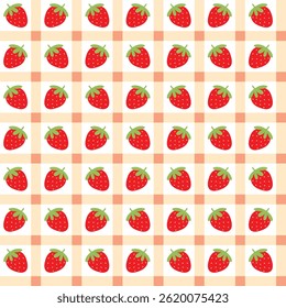 Seamless vector pattern with cute red strawberries inside beige gingham squares. Perfect for packaging, textiles, kitchen decor, wrapping paper, summer prints, and children’s products.