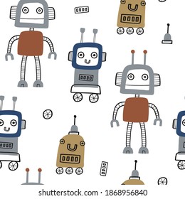 Seamless vector pattern with cute robots for fabric, typography poster, card, label, brochure, flyer, page, banner design. Vector illustration background