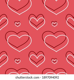 Seamless vector pattern with cute romantic hearts. Vintage hand drawn texture. Ruby and white line objects on red background. For wrapping paper, textile, print, banner, packaging, fabric, gift, web.