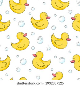 Seamless vector pattern with cute rubber duck toy and bubbles. Bath time theme hand drawn background for kids room decor, nursery art, card, print, poster, gift, fabric, wrapping paper, wallpaper, web