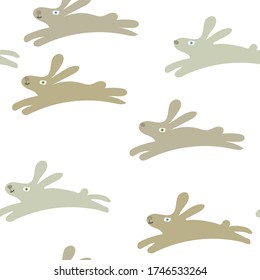 Seamless vector pattern with cute running rabbit and hare isolated on white background. Hand-drawn illustration in flat style. Can be used for Easter decor, textile, children apparel,wrapping paper.