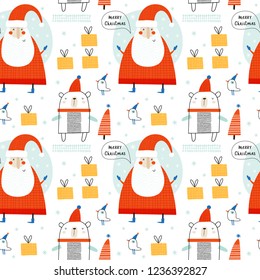 Seamless vector pattern with cute Santa. Can be used for wallpaper, pattern fills, web page background, surface textures, gifts. Creative Hand Drawn textures for winter holidays.