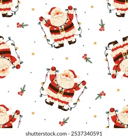 Seamless vector pattern. Cute Santa Claus holding Christmas tree garland, white background 