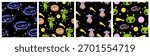 Seamless Vector Pattern – Cute Sassy Alien, Pizza, Planets, Spaceship, UFO, and Galaxies for Fabric, Wrapping Paper, and Stickers