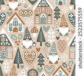 Seamless vector pattern with cute Scandinavian gnomes and gingerbread houses and. Hand drawn Christmas gingerbread village. EPS 10 vector file. Perfect for textile, wallpaper or print design.