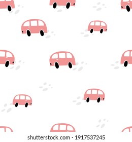 Seamless vector pattern with cute scandinavian bus for fabric, wrapping, baby textile, wallpaper, apparel kids design. Vector children nordic illustration car.