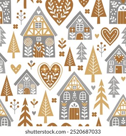 Seamless vector pattern with cute Scandinavian gingerbread houses and trees. Hand drawn Christmas gingerbread village. EPS 10 vector file. Perfect for textile, wallpaper or print design.