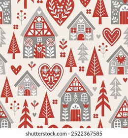 Seamless vector pattern with cute Scandinavian gingerbread houses and trees. Hand drawn Christmas gingerbread village. EPS 10 vector file. Perfect for textile, wallpaper or print design.