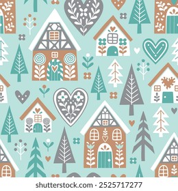 Seamless vector pattern with cute Scandinavian gingerbread houses and trees. Hand drawn Christmas gingerbread village. EPS 10 vector file. Perfect for textile, wallpaper or print design.