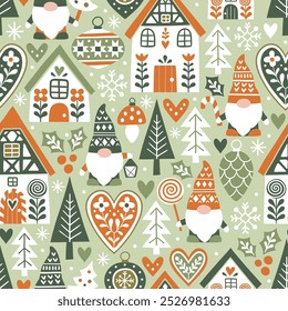 Patrón de Vector sin fisuras con lindos gnomos escandinavos y casas de jengibre y. Navidades dibujadas a mano pueblo de jengibre. Archivo de Vector EPS 10. Perfecto para el diseño textil, Fondo de pantalla o estampado.