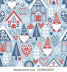 Patrón de Vector sin fisuras con lindos gnomos escandinavos y casas de jengibre y. Navidades dibujadas a mano pueblo de jengibre. Archivo de Vector EPS 10. Perfecto para el diseño textil, Fondo de pantalla o estampado.