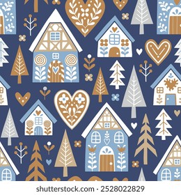 Seamless vector pattern with cute Scandinavian gingerbread houses and trees. Hand drawn Christmas gingerbread village. EPS 10 vector file. Perfect for textile, wallpaper or print design.