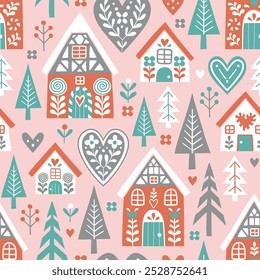 Seamless vector pattern with cute Scandinavian gingerbread houses and trees. Hand drawn Christmas gingerbread village. EPS 10 vector file. Perfect for textile, wallpaper or print design.