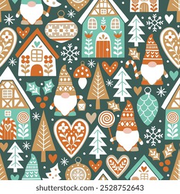 Seamless vector pattern with cute Scandinavian gnomes and gingerbread houses. Hand drawn Christmas gingerbread village. EPS 10 vector file. Perfect for textile, wallpaper or print design.