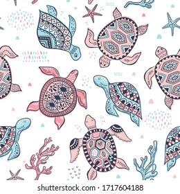 Seamless vector pattern with cute sea turtles. Perfect for kids design, fabric, wrapping, wallpaper, textile, apparel