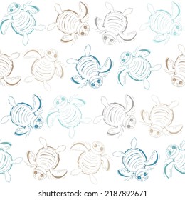 Seamless vector pattern with cute sea turtles. Children's print in cartoon line style in pastel colors on a white background.