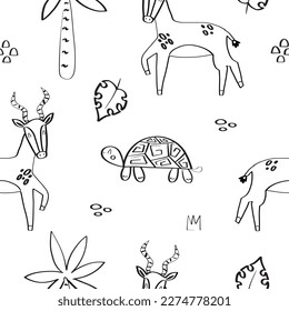 Seamless vector pattern with cute sea turtles and gazelles surrounded by tropical plants. Perfect for kids design, fabric, packaging, wallpaper, textile, apparel