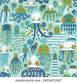 Seamless vector pattern with cute sea creatures, jellyfish, squid and octopus. Hand drawn vector  illustration. Perfect for textile, wallpaper or nursery print design.