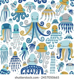 Seamless vector pattern with cute sea creatures, jellyfish, squid and octopus. Hand drawn vector  illustration. Perfect for textile, wallpaper or nursery print design.