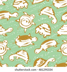 Seamless vector pattern with cute sea turtles in childish style. Underwater animal background. 