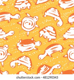 Seamless vector pattern with cute sea turtles in childish style. Underwater animal background. 