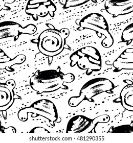 Seamless vector pattern with cute sea turtles in childish style. Underwater animal background. 