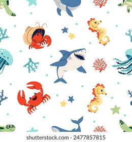 Seamless vector pattern. Cute shark crab crayfish hermit jellyfish turtle seahorse sea stars and corals.