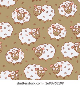 Seamless vector pattern with cute sheep on beige brown background. Animal wallpaper design for children.