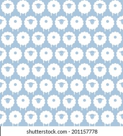 Seamless vector pattern of cute sheep in blue color.