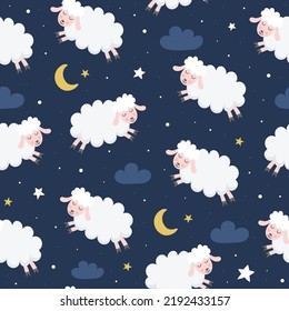 Patrón vectorial sin foco con ovejas lindas, estrellas, nubes y la luna. Ilustración vectorial para tela, textil, papel envolvente para niños.