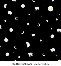 Seamless vector pattern with cute sheep, stars and moon on black background. Vector illustration for fabric, textile, wrapping paper for kids.