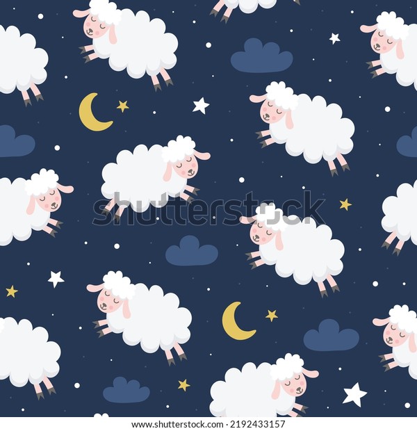 Seamless vector pattern with cute sheep, stars,\
clouds and the moon. Vector illustration for fabric, textile,\
wrapping paper for\
kids.
