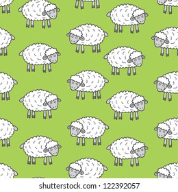 Seamless Vector Pattern of Cute Sheeps in green color - count them to fall asleep!