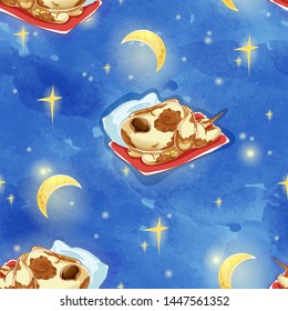 Seamless vector pattern with cute sleeping dog on the pillow. Against the background of the night sky, stars, moon, fireflies. Style hand drawing and watercolor.